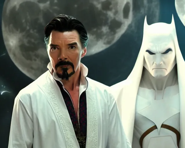 Image similar to still of dr. strange looking at moon knight dressed in his white suit, in avengers movie