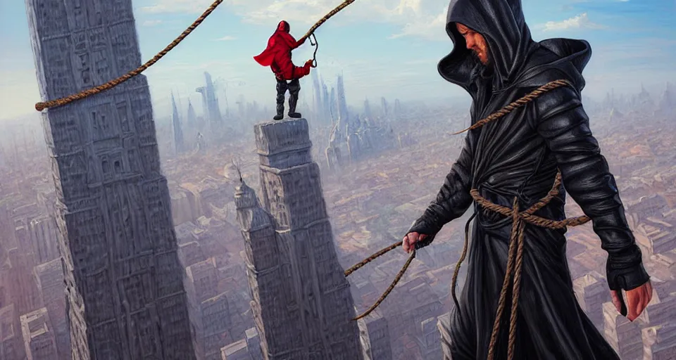 Image similar to landscape painting of a hooded thief in leathers using a rope to climb a tall building with a fantasy city, fine details, magali villeneuve, artgerm, rutkowski