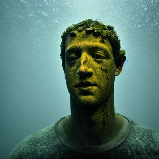 Image similar to Award-winning photograph by Mar Mann. The photo depicts a decaying roman bust of Mark Zuckerberg overgrown with moss at the bottom of the sea in the middle of ruins of civilization. Minimalism, high definition, perfect composition. Deep sea picture. Very dark. Volumetric Lighting. Fish. Darkness. Ruins