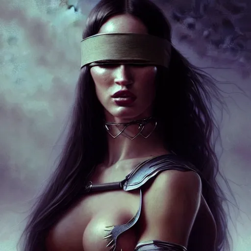 Prompt: portrait of megan fox, muscular upper body, slave collar, blindfolded, dress, fantasy, intricate, elegant, highly detailed, digital painting, artstation, concept art, matte, sharp focus, illustration, art by aenaluck and roberto ferri and greg rutkowski, epic fantasy, digital painting
