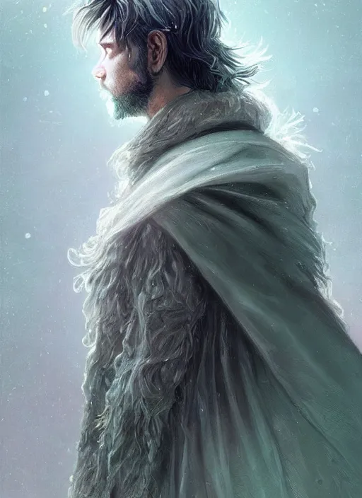 Image similar to Portrait of hexblade warlock aasimar, white glowing eyes, silver shaggy hair, short scruffy beard, cloak, teal ethereal tendril wings, male, fantasy, extremely detailed, digital painting, artstation, concept art, smooth, sharp focus, illustration, stunning lighting, art by artgerm and greg rutkowski and alphonse mucha and simon stalenhag, realistic character concept, high fantasy, light atmosphere, golden ratio, cinematic lighting, hyperdetailed, high resolution, insanely detailed and intricate, artstation, Marc Simonetti, Greg Rutkowski, 8k, 4k