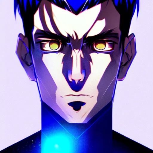 Prompt: a highly detailed portrait of a man with navy blue hair and blue glowing eyes, summoning blue transparent cubes, high detail clothing, concept art, anime, artstation, professional drawing