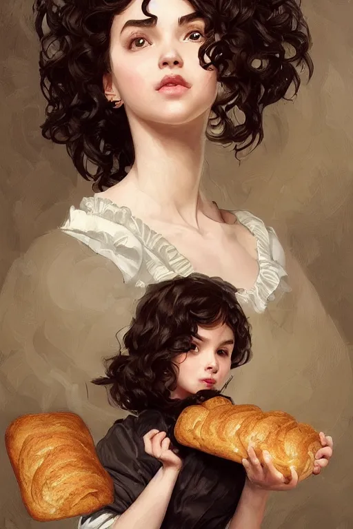 Image similar to beautiful cottagecore of a girl with short black curly hair, round face, cute face, holding a loaf of bread. intricate, elegant. highly detailed, digital painting, artstation, concept art, smooth, sharp, focus, illustration. . art by artgerm and greg rutkowski and alphonse mucha