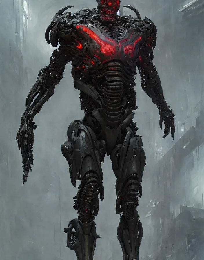 Image similar to willem dafoe as victor stone, full body concept, cyborg, borg, strogg, face of a man, terminator, flesh, quake strogg, doom demon, wolfenstein, monstrous, symmetry, symmetrical, concept art by ruan jia and greg rutkowski