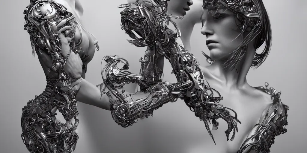 Image similar to hyper realistic photography of a stunningly beautiful cyborg female, plated arm, intimate, chest, holding close, ribbons, in the style of beth cavener, jin kagetsu,, and wlop, highly detailed, intricate filigree, symmetry, masterpiece, award winning, sharp focus, concept art, highkey lighting, ambient lighting, octane render, 8 k, artstation