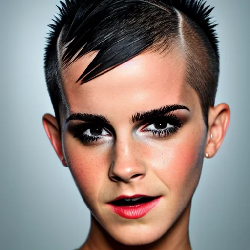 Prompt: Shaved side of head mohawk hairstyle, Emma Watson with a spiky mohawk hairstyle, headshot, 200mm, canon, f5.6