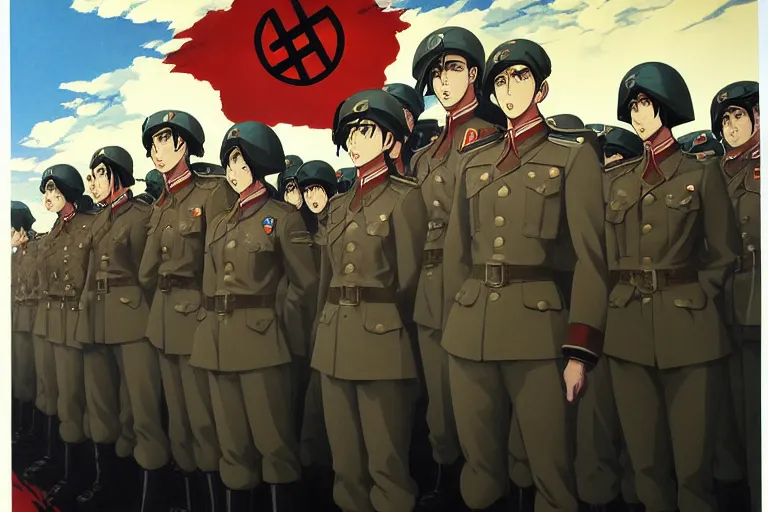 Prompt: anime key visual of dictator fascist nationalist propaganda poster from world war 2 depicting an elite regiment of anime maids commiting war crimes, style of jamie wyeth james gilleard edward hopper greg rutkowski acrylic painting, preserved museum piece, historical