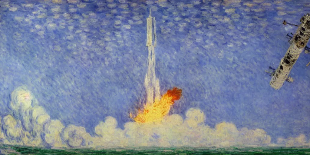 Image similar to a monet painting of godzilla destroying the international space station