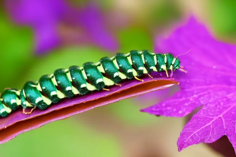 Prompt: a small caterpillar inches along a leaf in the forefront of the image, in the background is a lush forest filled with vibrantly colored flowers