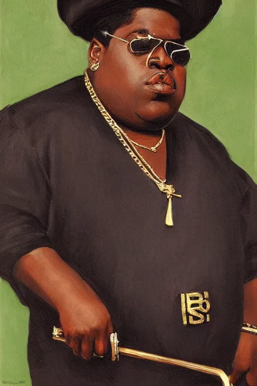 Image similar to ultra unrealistic portrait of rapper biggie smalls standing with cane and with kings crown and royal outfit, european, modern art, eclectic art, gold and colorful, illustration, by ramon casas