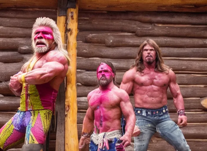 Prompt: film still of the Ultimate Warrior WWF in a log cabin in the new MANDY movie, 4k