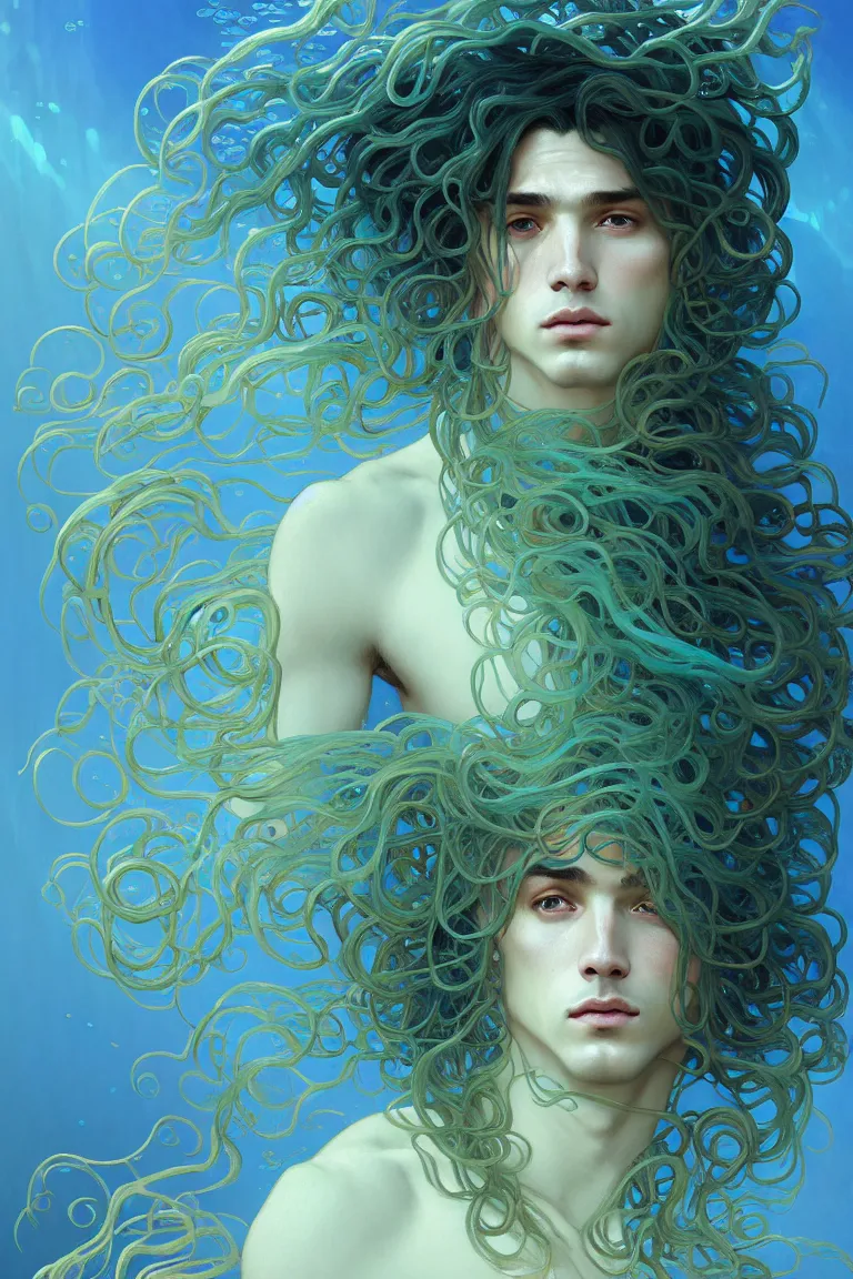 Image similar to portrait of a beautiful young fit male sea creature with long curly hairs and fish skin, dressed in fluent clothes made of seaweeds, by greg rutkowski and alphonse mucha, d & d character, gradient cyan to blue, underwater bubbles background, highly detailed portrait, digital painting, artstation, concept art, smooth, sharp focus ilustration, artstation hq