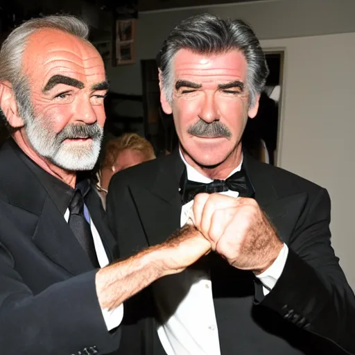Prompt: sean connery and pierce brosnan fist bumping in 4k