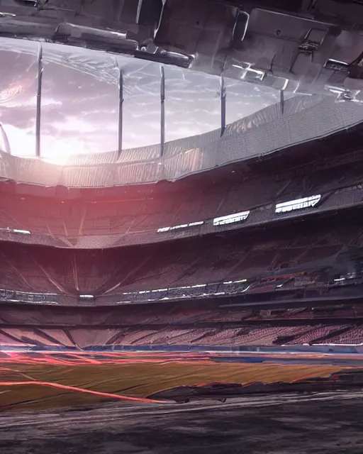 Image similar to a futuristic stadium with a giant metal gear on the field, unreal engine, hyper realism, realistic shading, cinematic composition, realistic render, octane render, detailed textures, photorealistic, wide shot