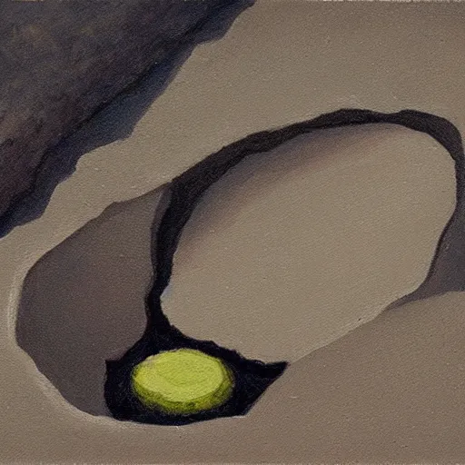 Prompt: painting of a single small seed sitting in a shallow hole in fresh earth. the painting is characterized by its use of light and shadow to create a sense of depth, its muted colors, and its focus on nature.