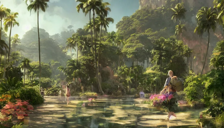 Prompt: craig mullins and studio ghibli illustration of a future sphere living space, lush landscape, science fiction landscape, flowers, flying saucers, palm trees, people, unreal engine, hyper realism, realistic shading, cinematic composition, realistic render, octane render, detailed textures, photorealistic, wide shot