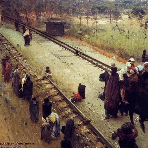 Prompt: train travelling in nigeria, from above, 1885, highly detailed oil on canvas, by Ilya Repin