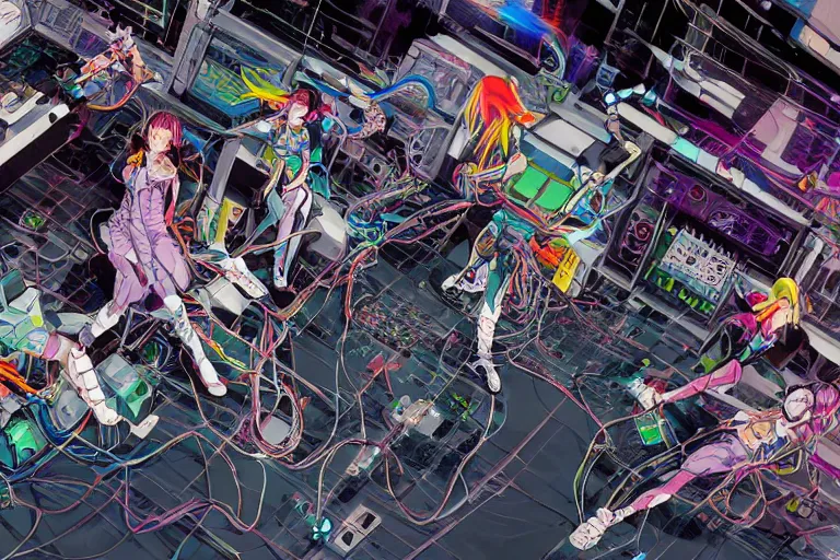 Image similar to a cyberpunk illustration of a group of four super-coherent colorful female androids dressed in seifuku in style of masamune shirow, lying scattered across an empty, white floor with their bodies rotated in different poses and cables and wires coming out, by yukito kishiro and katsuhiro otomo, hyper-detailed, intricate, bird view