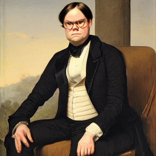 Prompt: portrait of dwight schrute wearing a tuxedo and smirking, as painted by augustus edwin mulready