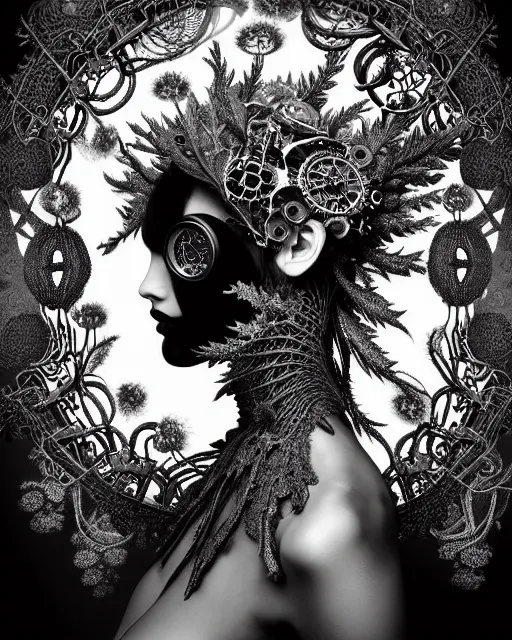 Image similar to surreal dark poetic black and white photo portrait of complex bio-mechanical beautiful young silver female vegetal-cyborg with a Mandelbrot fractal steampunk metal fine lace face, a very long neck and a fine metal floral foliage super big lace collar by Vivienne Westwood:: smoke, high fashion, haute couture, rococo, steampunk, avant-garde, silver filigree details, anatomical, facial muscles, cable wires, microchip, elegant, dreamy, foggy atmosphere, hyper realistic, 150 mm lens, soft rim light, octane render, unreal engine, picture was taken in 1910 by Man Ray, volumetric lighting, dramatic light,8k,