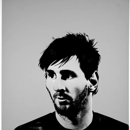 Image similar to a portrait of Lionel Messi, made by Andy Warhol, two tone, very high contrast, only black and white, simplistic, extremely high contrast, two tone, notan art, by Andy Warhol, minimalistic,