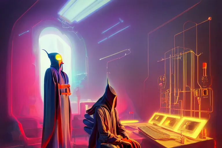 Image similar to a beautiful masterpiece painting of a cybernetic technomancer wizard in robes with pointed hood discussing sentience with 3 of his synthesized AI djinn in his laboratory near a computer by Remedios Varo and Anato Finnstark and Greg Rutkowski, dayglo pink, dayglo blue, dazzle camouflage!, 8k, trending on ArtStation