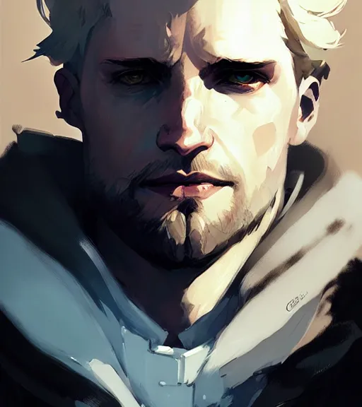 Image similar to portrait of cullen from dragon age with raven wings by atey ghailan, by greg rutkowski, by greg tocchini, by james gilleard, by joe fenton, by kaethe butcher, dynamic lighting, gradient light blue, brown, blonde cream and white color scheme, grunge aesthetic