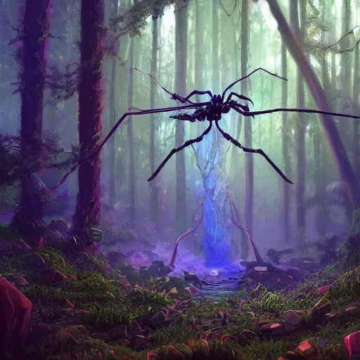 Image similar to giant ant in futuristic spiritual mystical post apocalyptic forest by ron gilbert, dim painterly volumetric aquatic lighting, beautiful, crisp, artstation, highly detailed