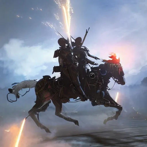 Image similar to The charge of the light brigade with robotic horses, steampunk, dramatic lighting, heavy weapons fire, by Makoto Shinkai and Ruan Jia