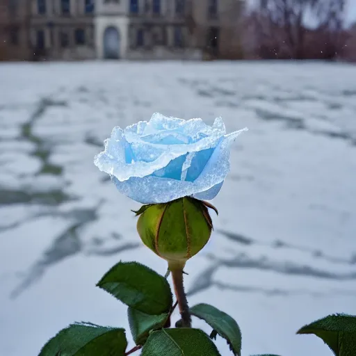 Image similar to A frozen rose outside a 1700th castle