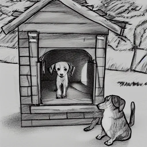 Prompt: Rough draft, first sketch, dog house, childrens book illustration, 8k