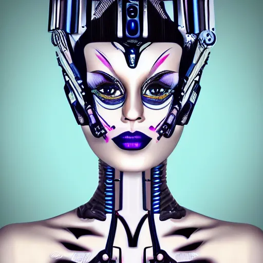 Prompt: A highly stylized digital HD painting of the face of a fembot with makeup, intricate makeup patterns on face