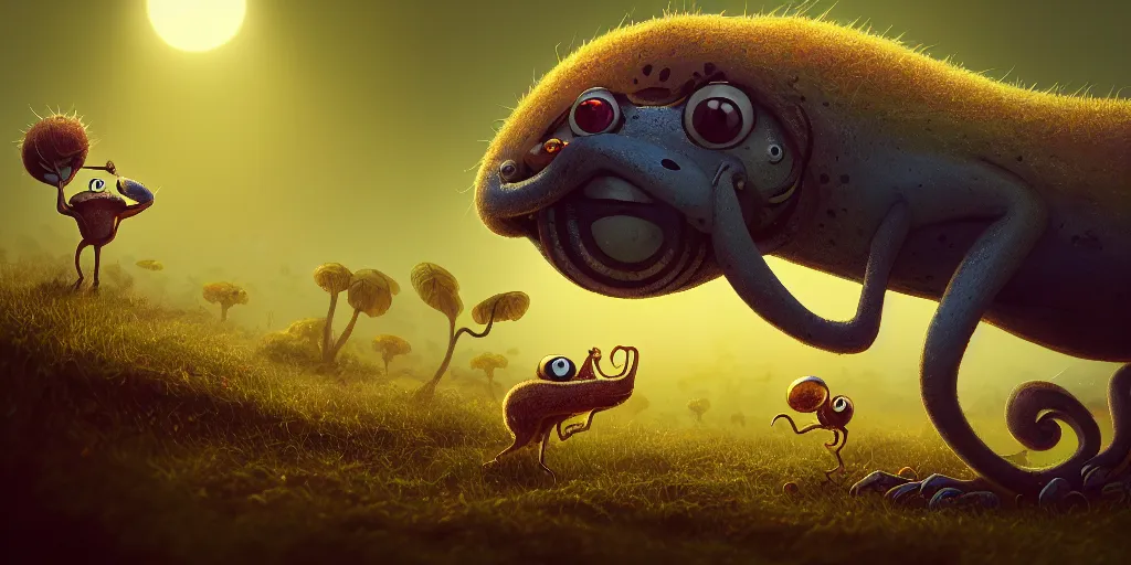 Prompt: of an intricate hazy savanna with strange enormous cute creatures with long tongues, big eyes and huge noses appearing from the ground, in the style of craola, low angle, macro lens, shallow depth of field, highly detailed, digital painting, trending artstation, concept art, illustration, cinematic lighting, vibrant colors, photorealism, epic, octane render