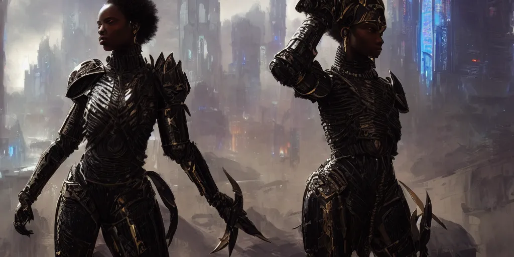 Image similar to 5 5 mm portrait photo of an armored gorgeous aesthetic black woman warrior, wearing glowing armor in afrofuturistic city. art by greg rutkowski. highly detailed 8 k. intricate. lifelike. soft light. nikon d 8 5 0.