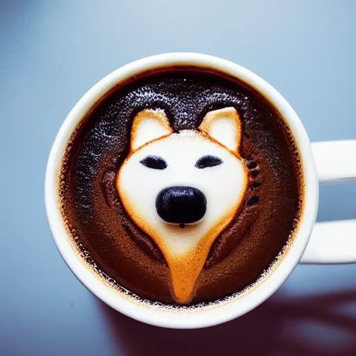 Prompt: close up photo of a cup of coffee, the foam has a shiba inu face, tasty. food photography, photorealistic, beautiful, bokeh, 4 k.