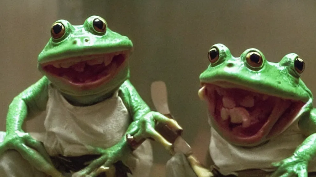 Prompt: a scary humanoid frog laughing maniacally and holding a knife, by John Carpenter, movie still directed by Ridley Scott and cinematography by Ari Aster