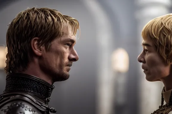 Image similar to very very intricate photorealistic photo of jaime lannister fighting cersei, photo is in focus with detailed atmospheric lighting, award - winning details