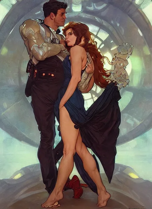 Image similar to a couple, a handsome man and a beautiful woman. they are dressed as superheroes. clean elegant painting, beautiful detailed face. by artgerm and greg rutkowski and alphonse mucha