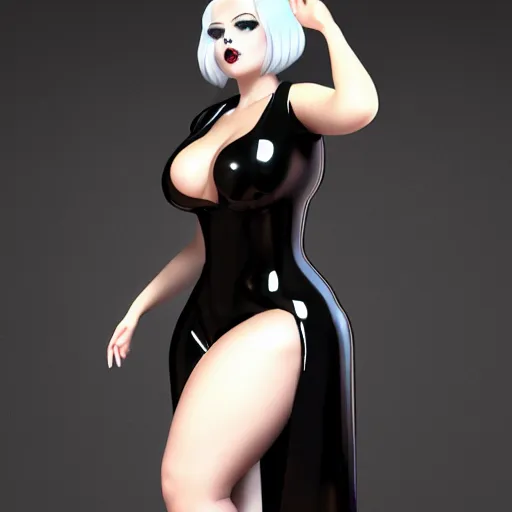 Image similar to curvy feminine hot goth cutie with sublime elegant polished black latex neck-high gown and black polished latex stockings, cgsociety, photorealistic, comfy ambience, idealistic, 16k, smooth, sharp focus, trending on ArtStation, volumetric lighting, fully clothed, worksafe