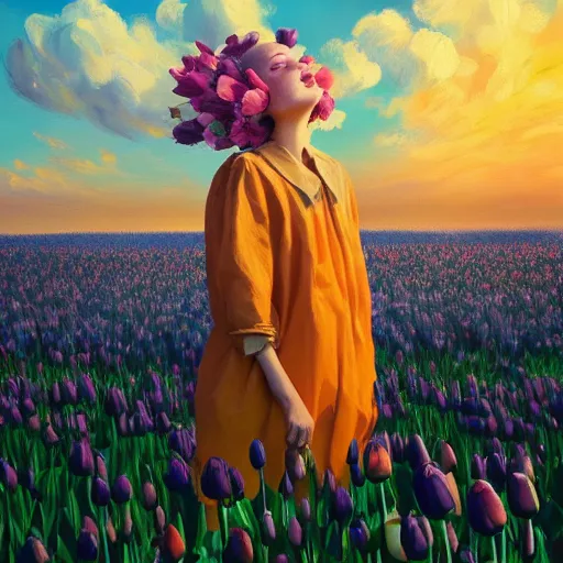 Image similar to girl with a giant tulip head, surreal photography, flower field, sunset dramatic light, impressionist painting, colorful clouds, blue sky, digital painting, artstation, simon stalenhag