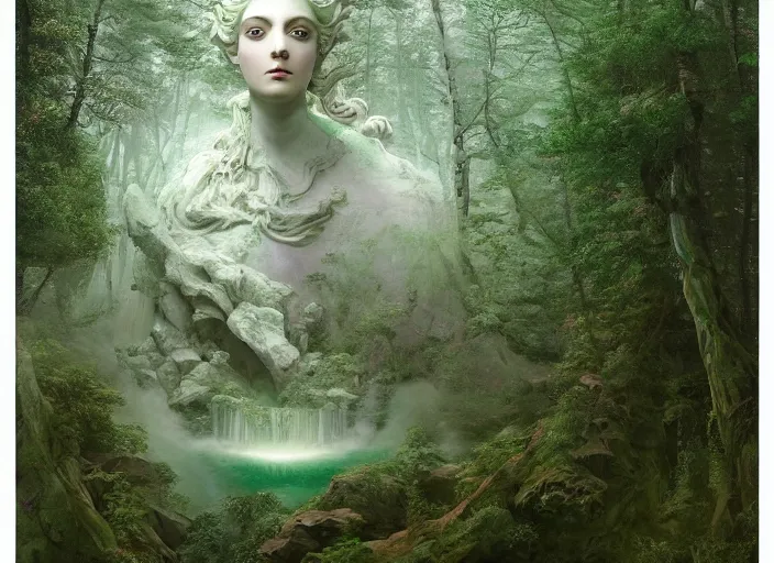 Image similar to a portrait of idealistic marble statue with fractal flowery hair and white fair porcelain face and green eyes, in a magical forest, matte painting, painted by, mc escher, gordon onslow ford, georgia o'keeffe and ivan aivazovsky, cinematic light, god rays, colourful, unreal engine, zbrush central,