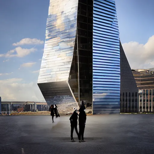 Image similar to a incredible cutting edge new building on the London waterfront designed by bjarke ingels, with a giant modern stainless steel sculpture in front of it at monumental scale, photo by Annie Leibovitz