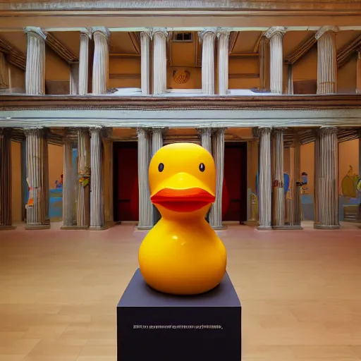 Image similar to wide shot, one photorealistic rubber duck in foreground on a pedestal in an museum gallery, british museum, the walls are covered with colorful geometric wall paintings in the style of sol lewitt, tall arched stone doorways, through the doorways are more wall paintings in the style of sol lewitt.