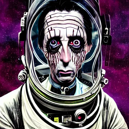 Image similar to graphic illustration, creative design, alice cooper as an astronaut, biopunk, francis bacon, highly detailed, hunter s thompson, concept art