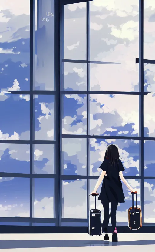 Prompt: a girl walking her luggage in front of the airport window, anime slice of life wallpaper, professional digital art, 4k ultra