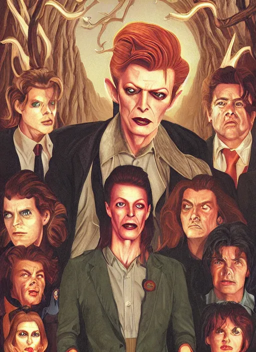 Image similar to twin peaks poster art, david bowie is infected with the spirit of the wendigo demon, old retro pulp, by michael whelan, rossetti bouguereau, artgerm, retro, nostalgic, old fashioned