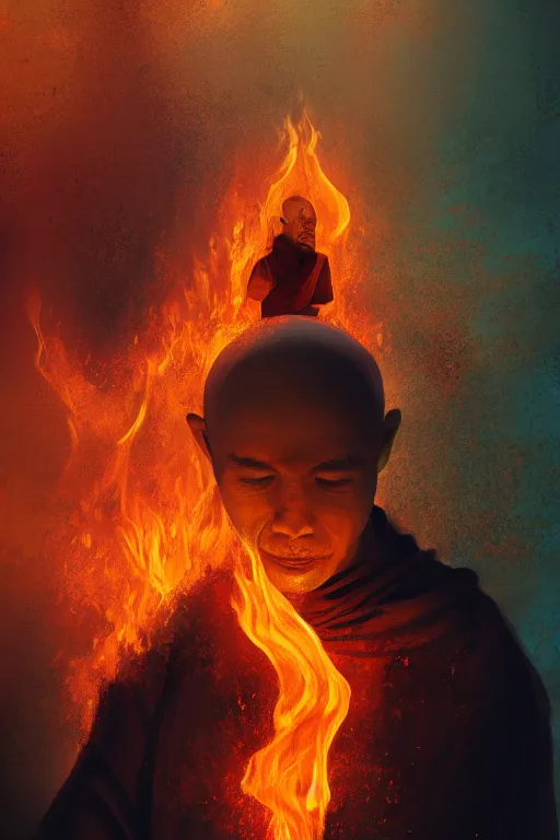 Image similar to A single monk meditating in flames by Afshar Petros, Trending on artstation.