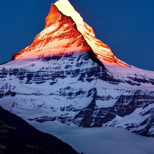 Image similar to a photo at nighttime of a powerful llumination of the matterhorn in the colors of indian flag, orange top, white middle, green base. projected illuminated on the matterhorn mountain at night