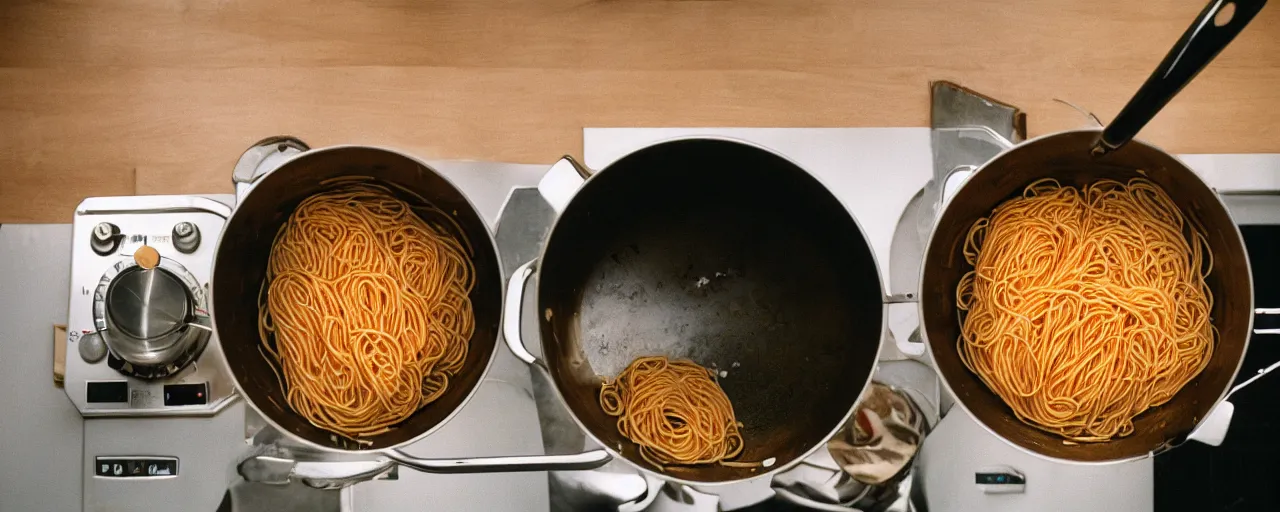 Image similar to medium shot of spaghetti being cooked in a large pot, home kitchen, sharply focused, canon 5 0 mm, wes anderson film, kodachrome