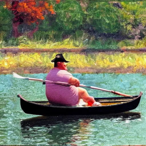 Prompt: fat chuck in a rowboat in a colonial harbor in the style of impressionism